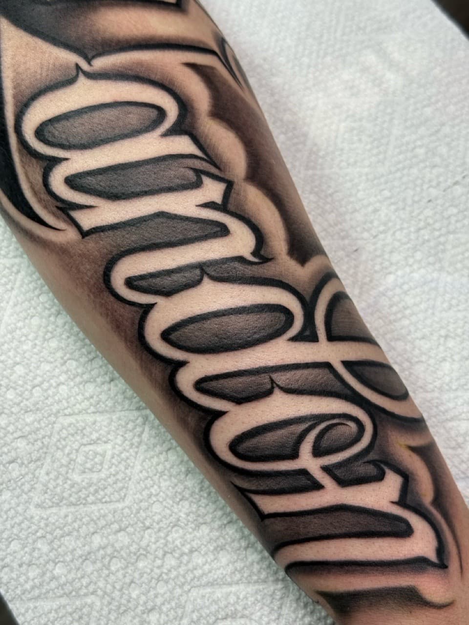 Lettering + Script name tattoo on Forearm by Tattoos_By_Dolph on TattMe