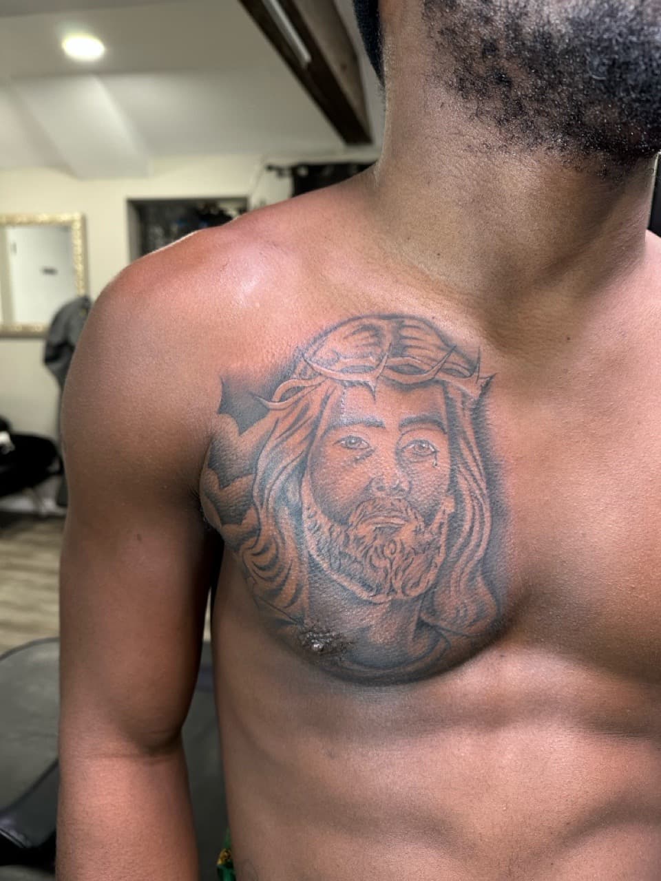 Black & Grey + Realism jesus tattoo on Chest by Tattoos_By_Dolph on TattMe