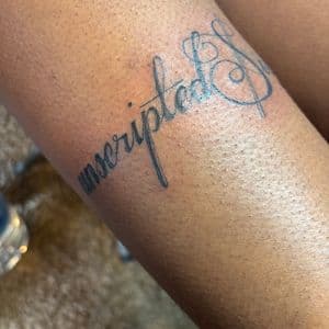 Script + Fine Line cursive tattoo on Thigh by tatsbyrayyy on TattMe