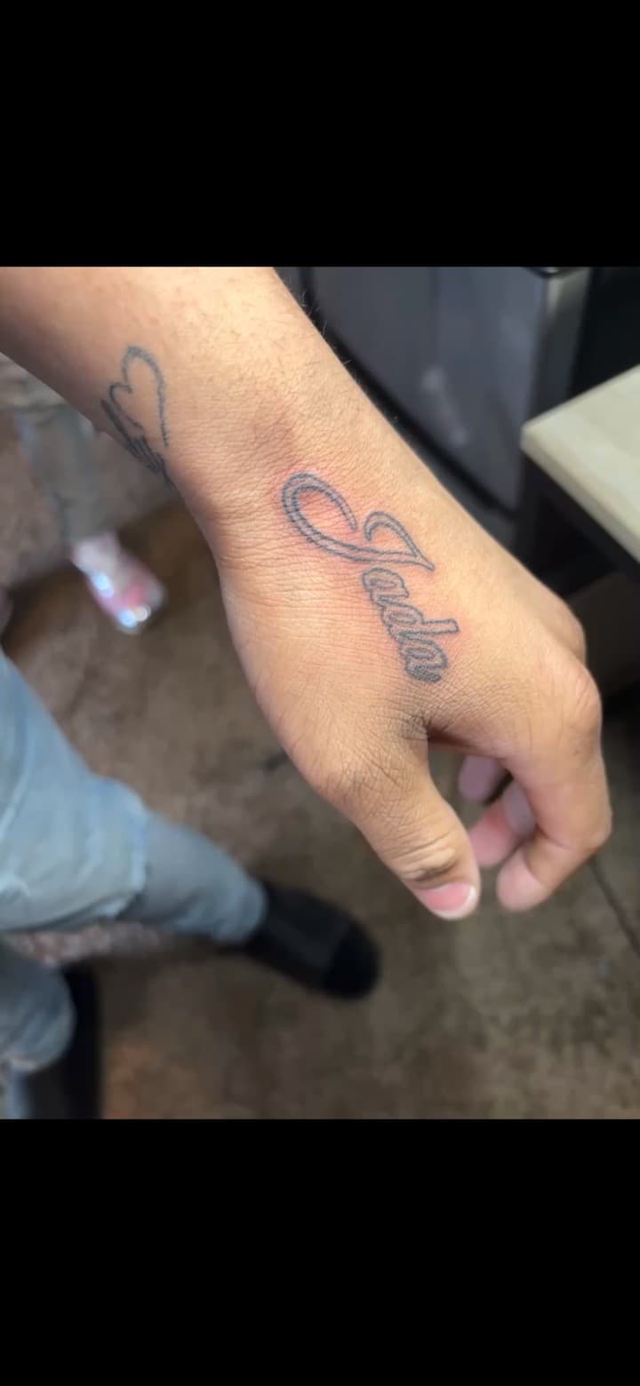 Lettering + Script name tattoo on Hand by tatsbyrayyy on TattMe