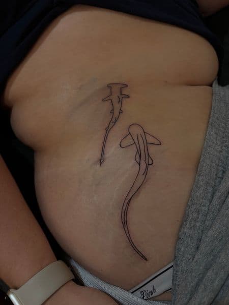 Fine Line + Minimalist sharks tattoo on Stomach by tatsbyrayyy on TattMe