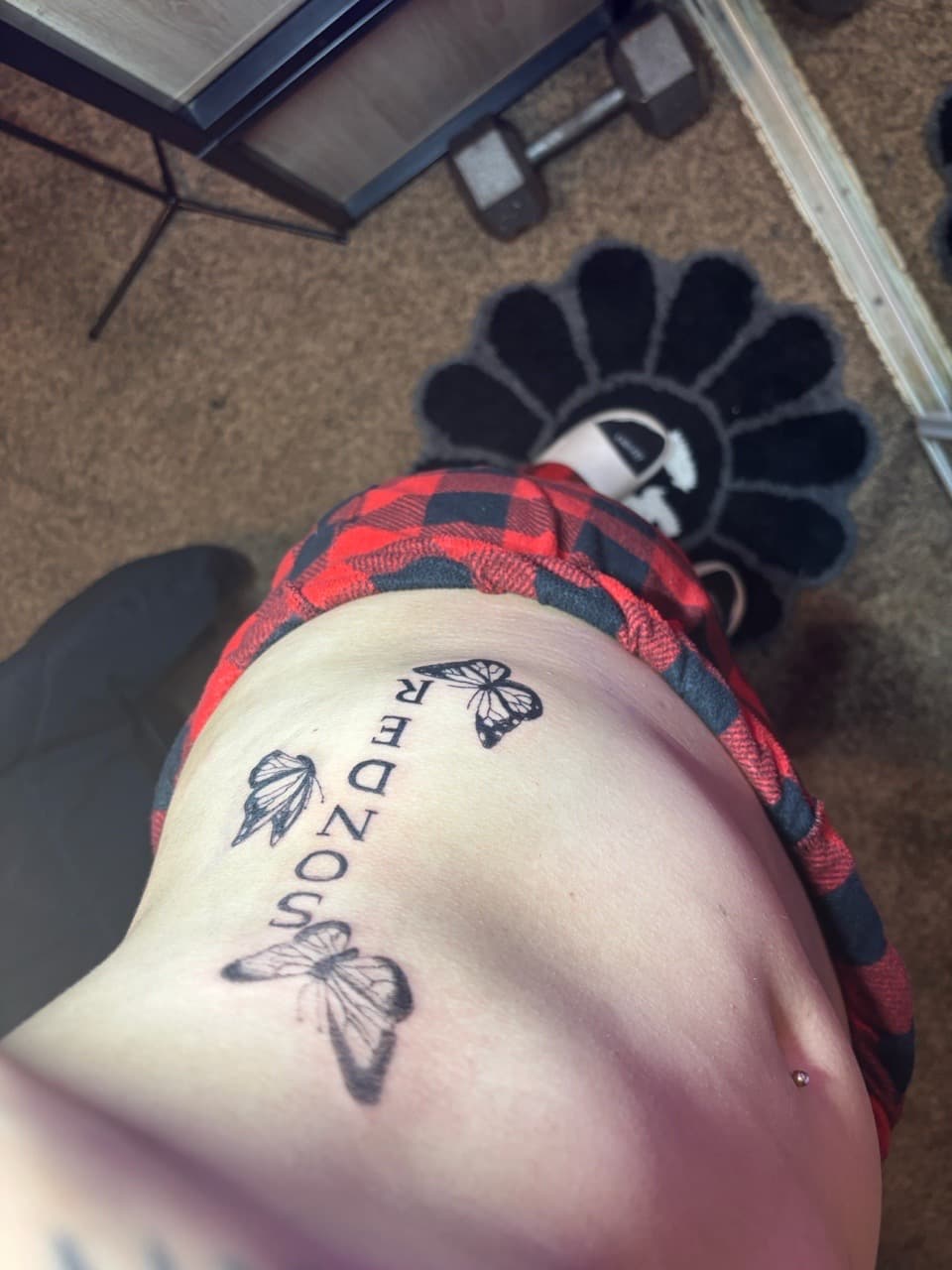 Fine Line + Lettering butterflies tattoo on Stomach by tatsbyrayyy on TattMe