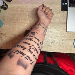 Lettering + Realism memorial tattoo on Forearm by tatsbyrayyy on TattMe