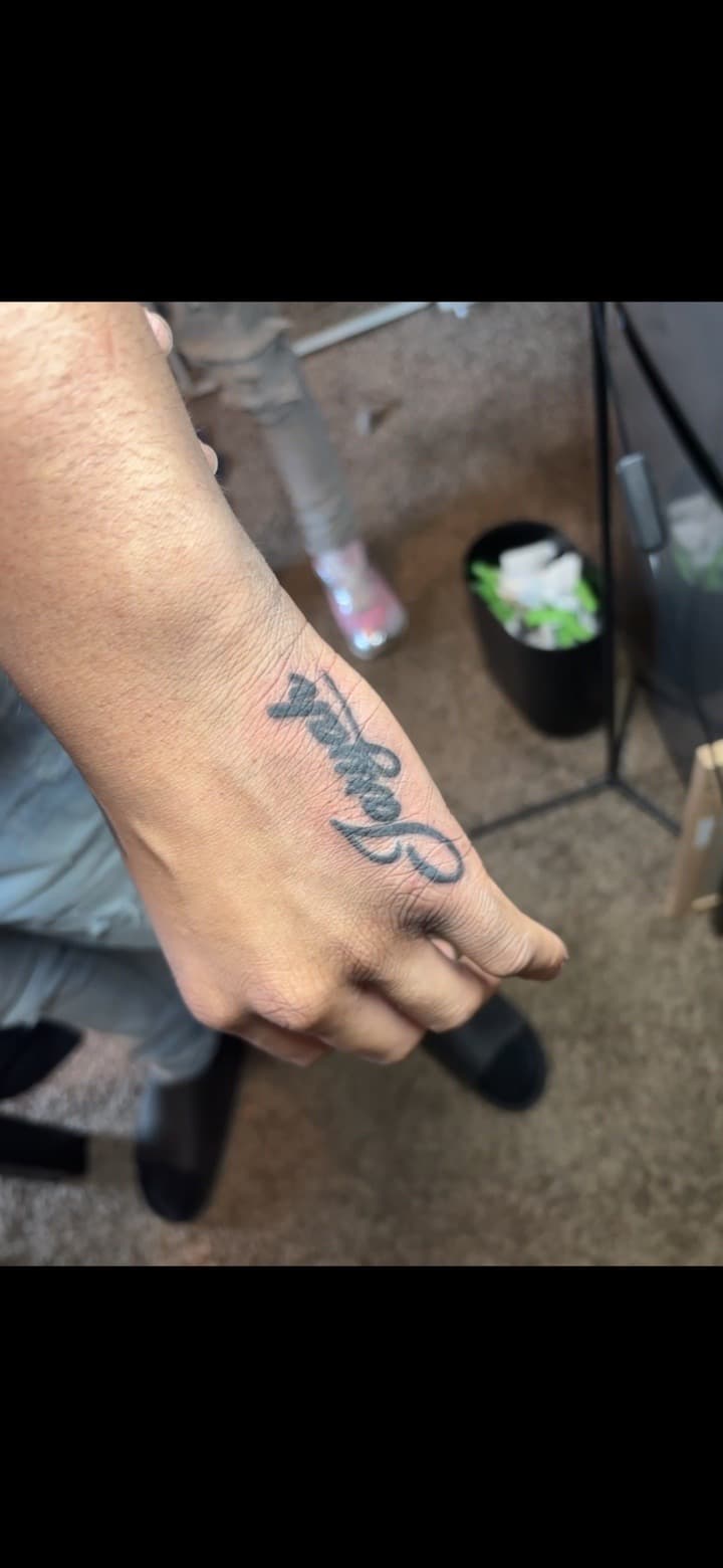 Lettering + Script name tattoo on Hand by tatsbyrayyy on TattMe