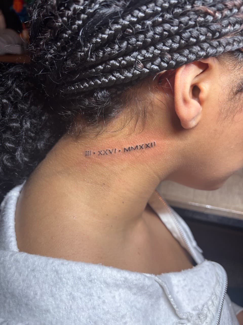Fine Line + Minimalist roman numerals tattoo on Neck (Side) by tatsbyrayyy on TattMe
