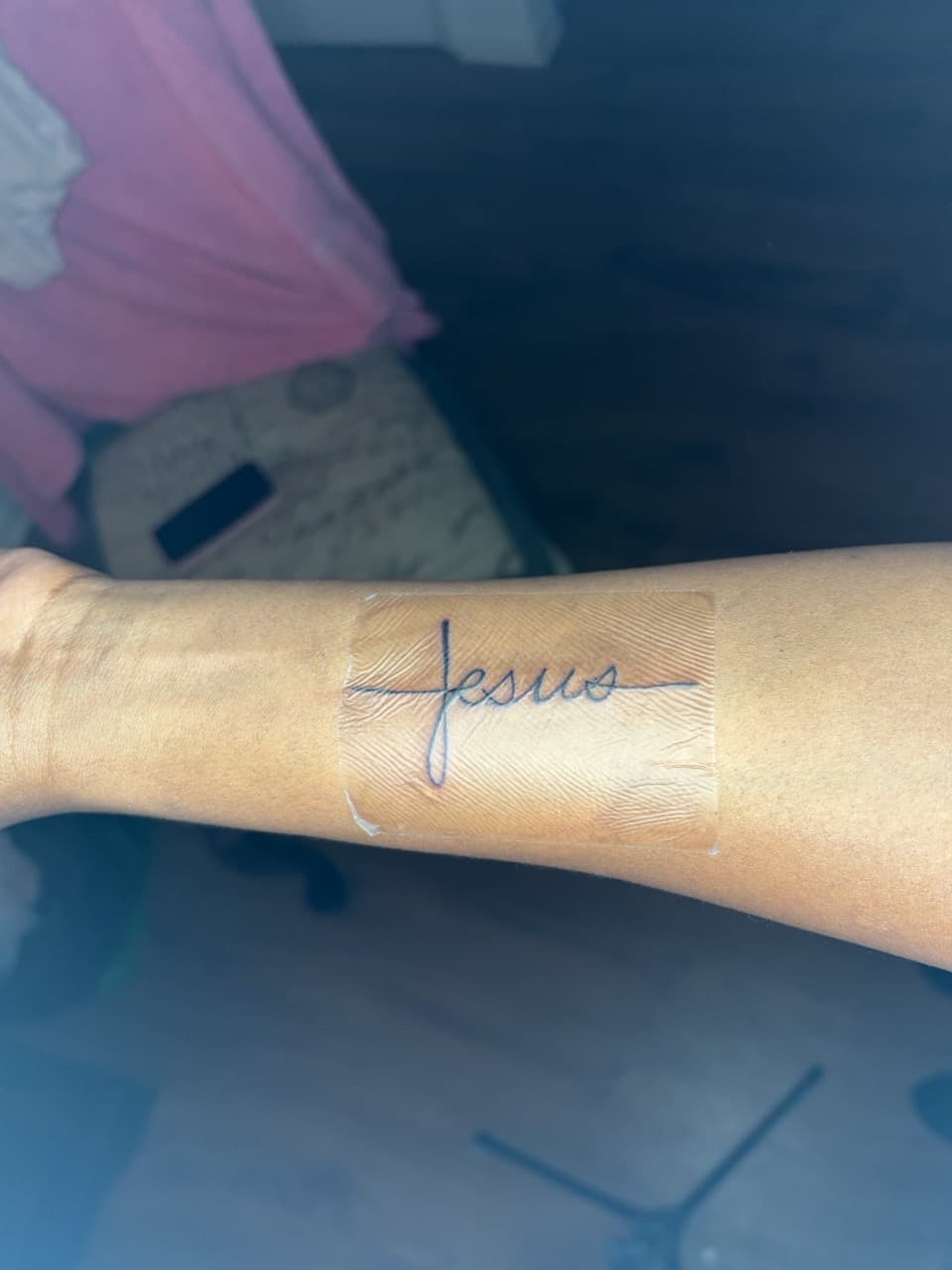 Lettering + Script jesus tattoo on Forearm by tatsbyrayyy on TattMe