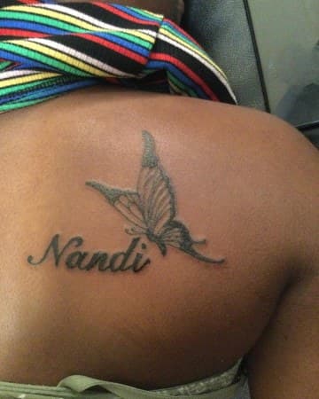 Black & Grey + Lettering butterfly tattoo on Shoulder by MindBodyInkStudio on TattMe