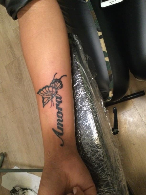 Black-work + Lettering butterfly tattoo on Forearm by MindBodyInkStudio on TattMe