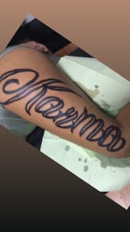 Lettering + Script karma tattoo on Forearm by MindBodyInkStudio on TattMe