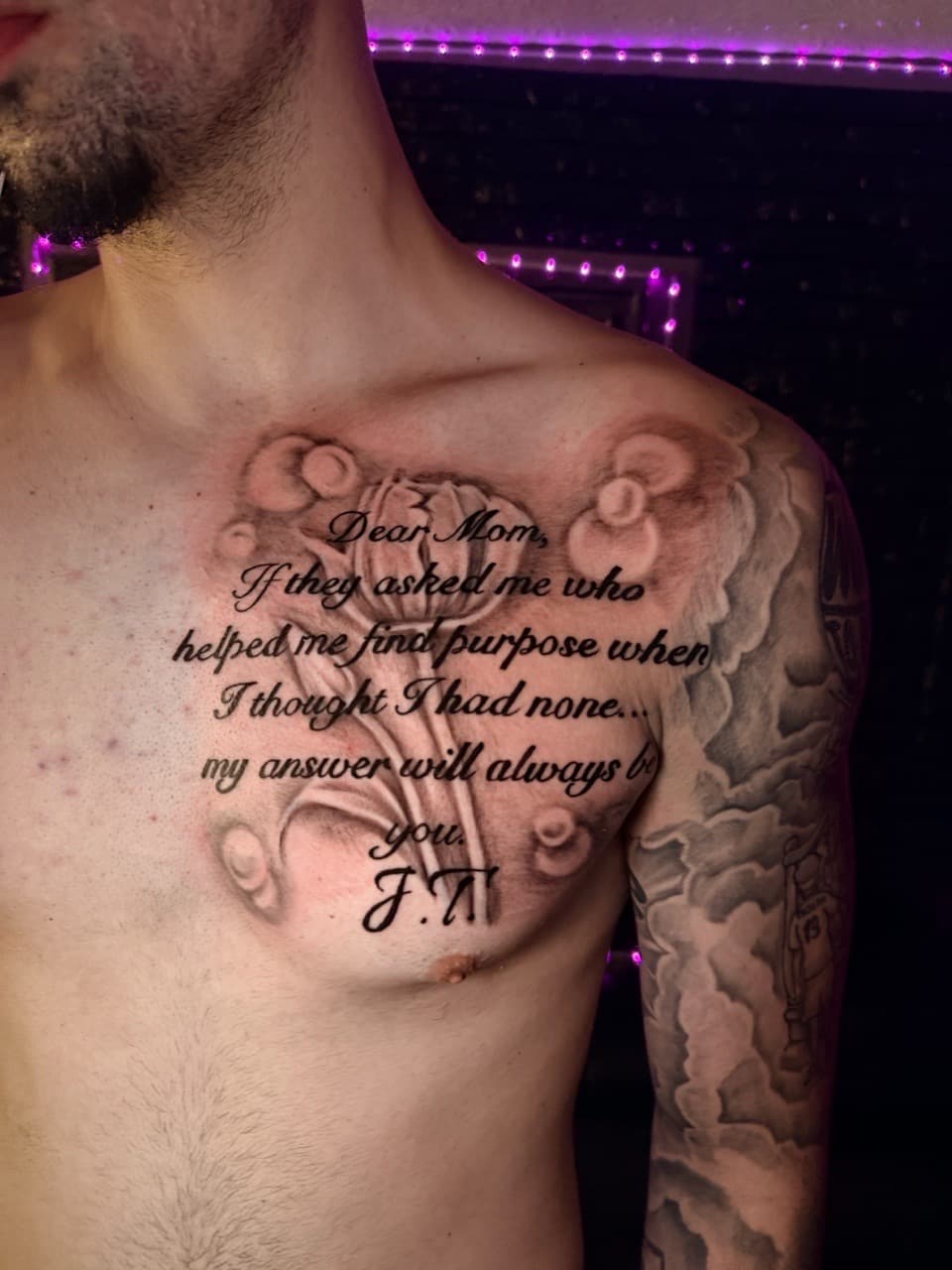 Lettering + Script rose tattoo on Chest by sixxinked on TattMe