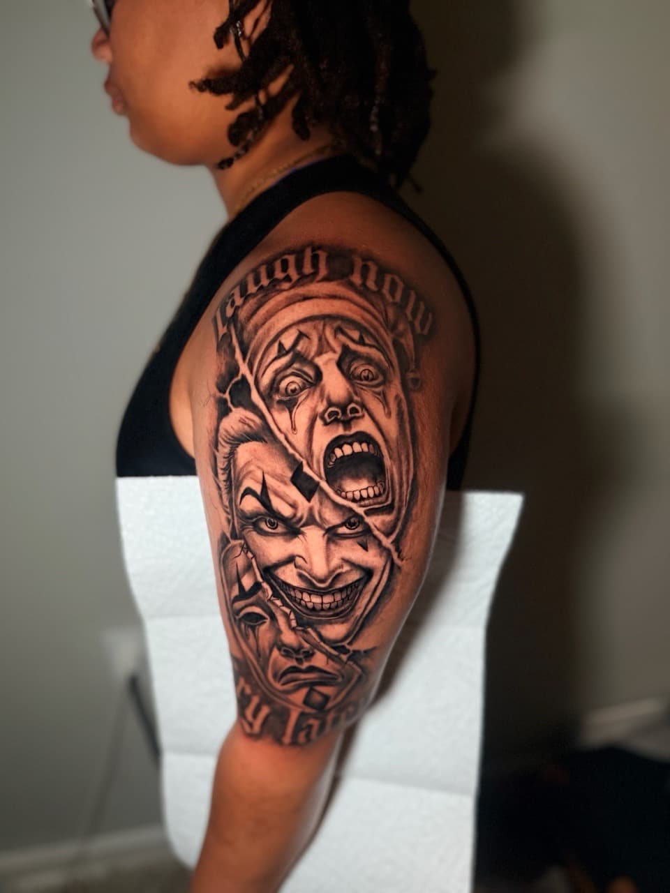 Black & Grey + Realism clowns tattoo on Upper Arm by sixxinked on TattMe