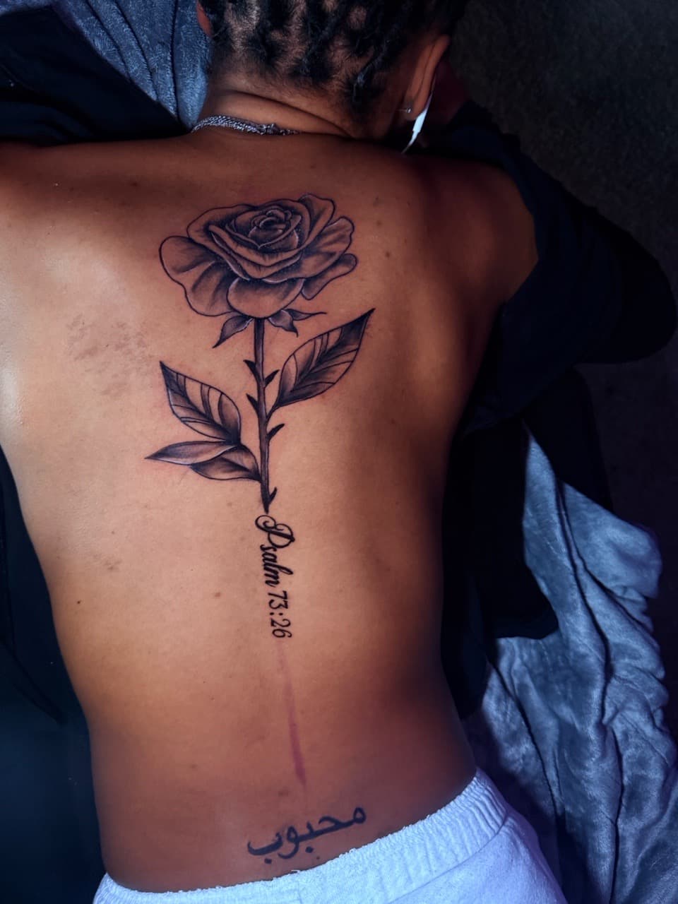 Black & Grey + Fine Line rose tattoo on Upper Back by sixxinked on TattMe
