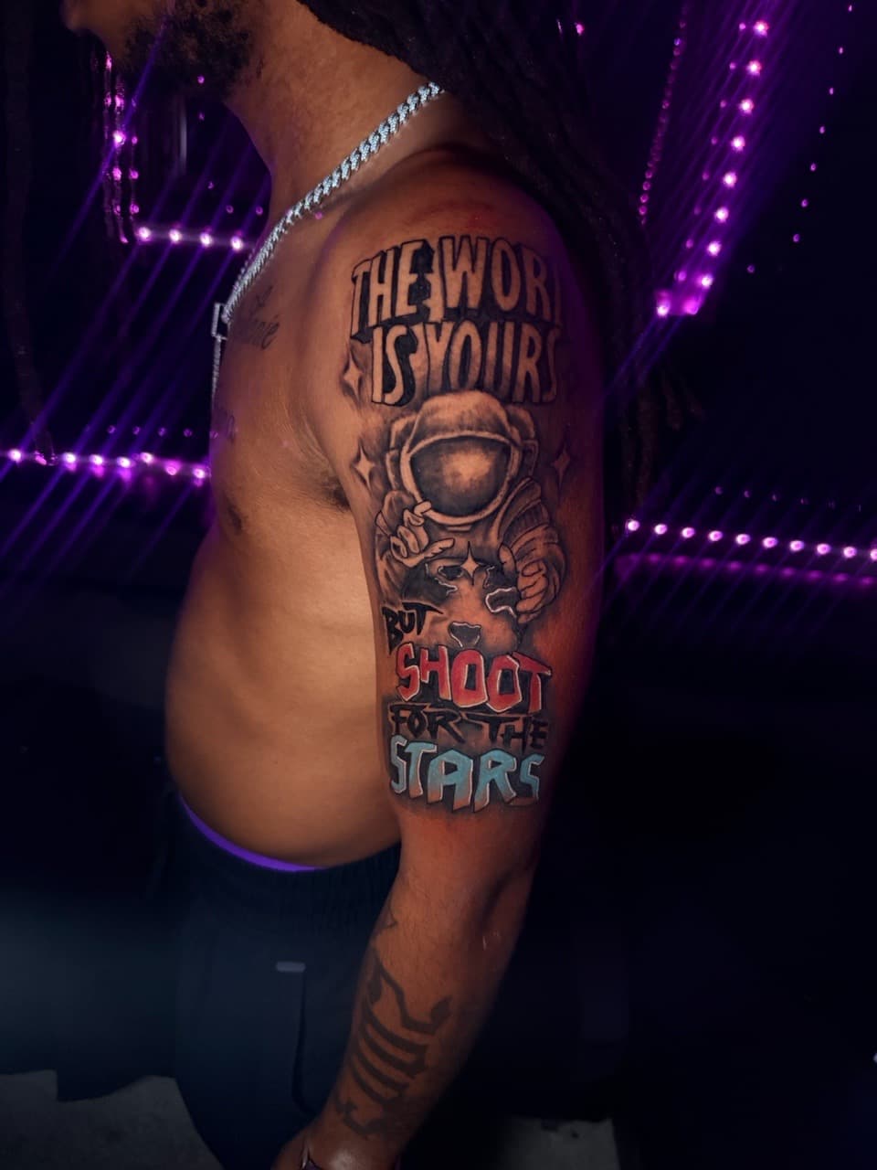 Illustrative + Lettering astronaut tattoo on Upper Arm by sixxinked on TattMe