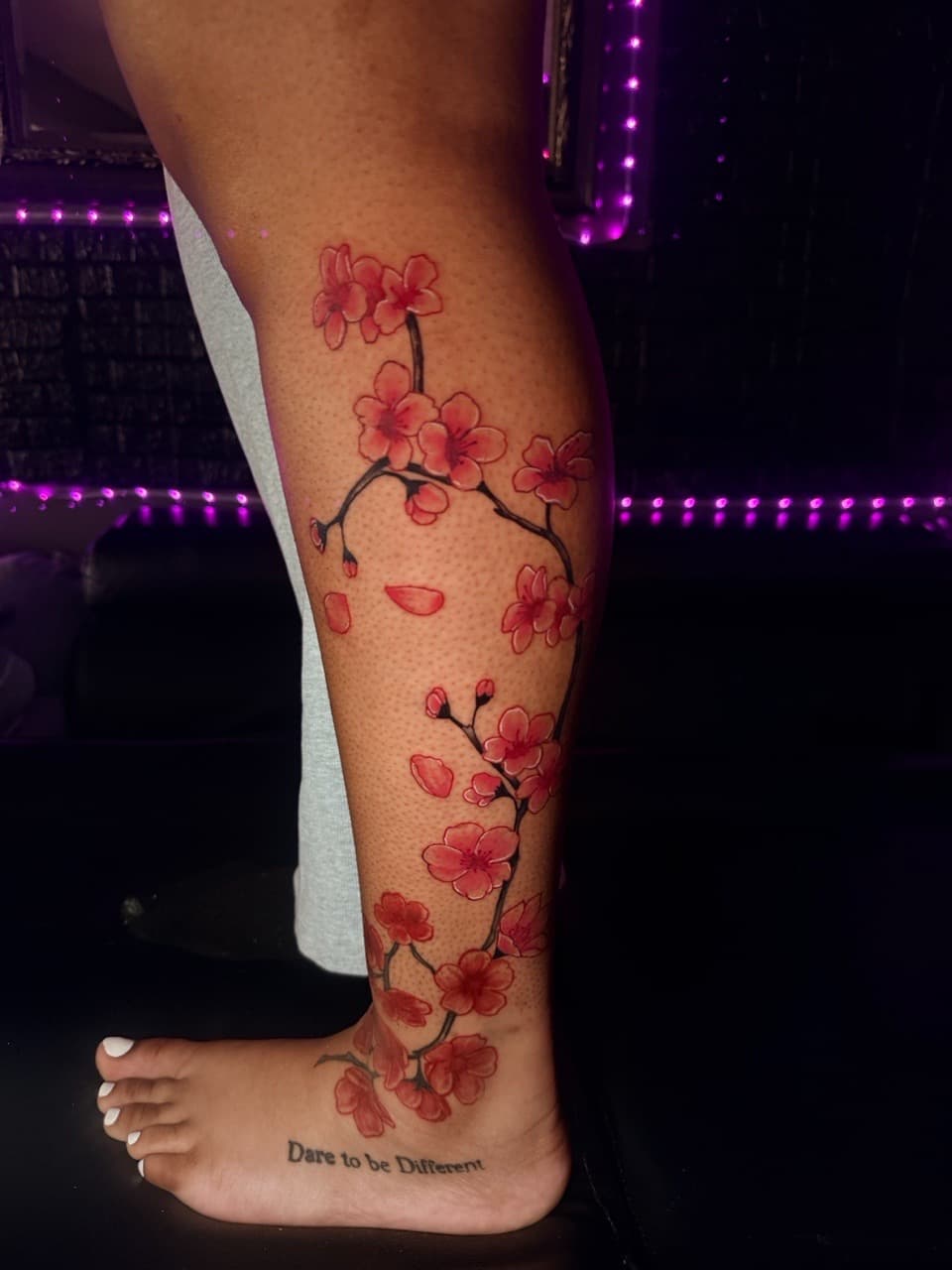 Floral + Color cherry blossoms tattoo on Calf by sixxinked on TattMe