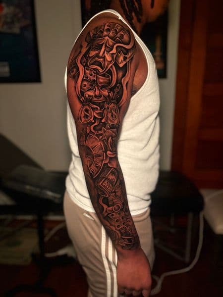 Black & Grey + Chicano masks tattoo on Full Sleeve by MaleekInkz on TattMe