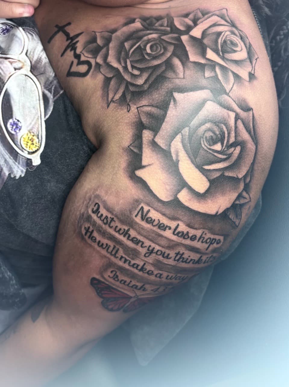 Black & Grey + Floral roses tattoo on Upper Arm by MaleekInkz on TattMe