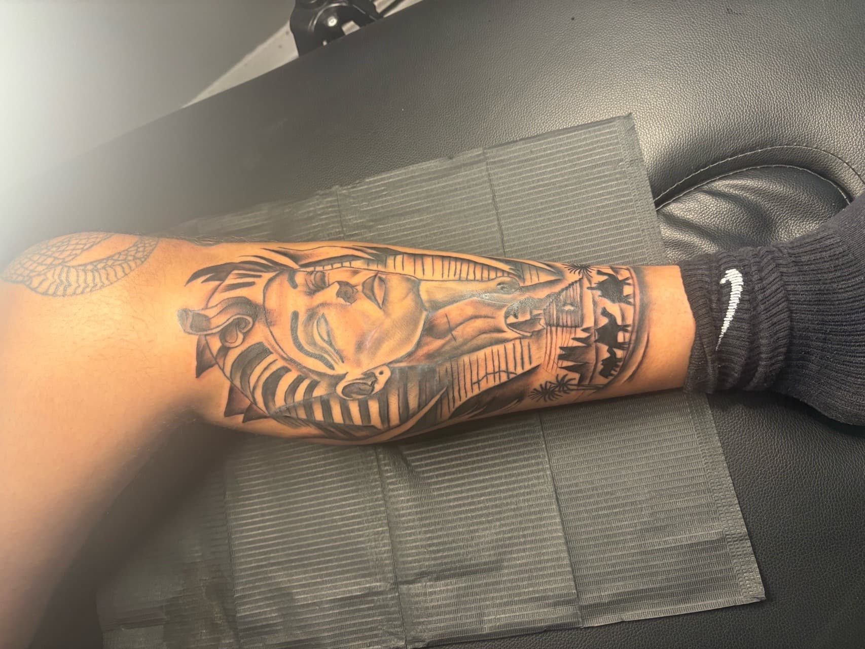 Black & Grey + Illustrative pharaoh tattoo on Calf by MaleekInkz on TattMe