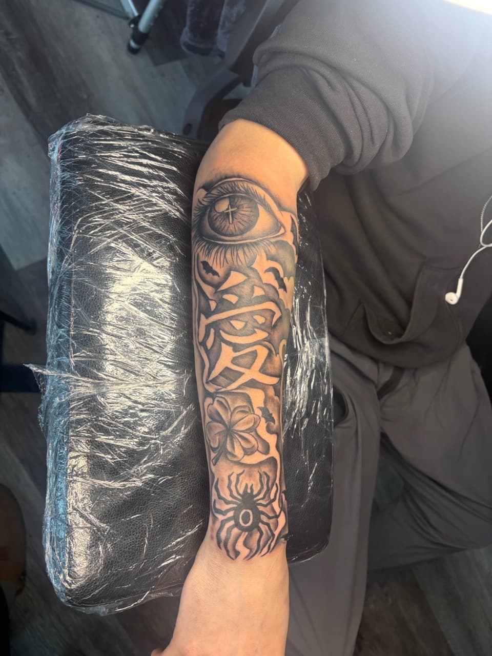 Black & Grey + Illustrative eye tattoo on Forearm by MaleekInkz on TattMe