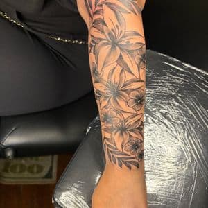 Black & Grey + Floral flowers tattoo on Half Sleeve by MaleekInkz on TattMe