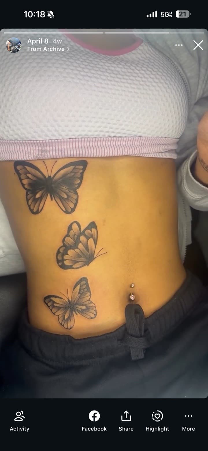 Black & Grey + Illustrative butterflies tattoo on Ribs by MaleekInkz on TattMe