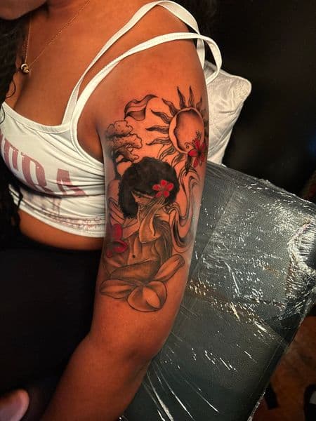 Black & Grey + Illustrative woman tattoo on Upper Arm by MaleekInkz on TattMe