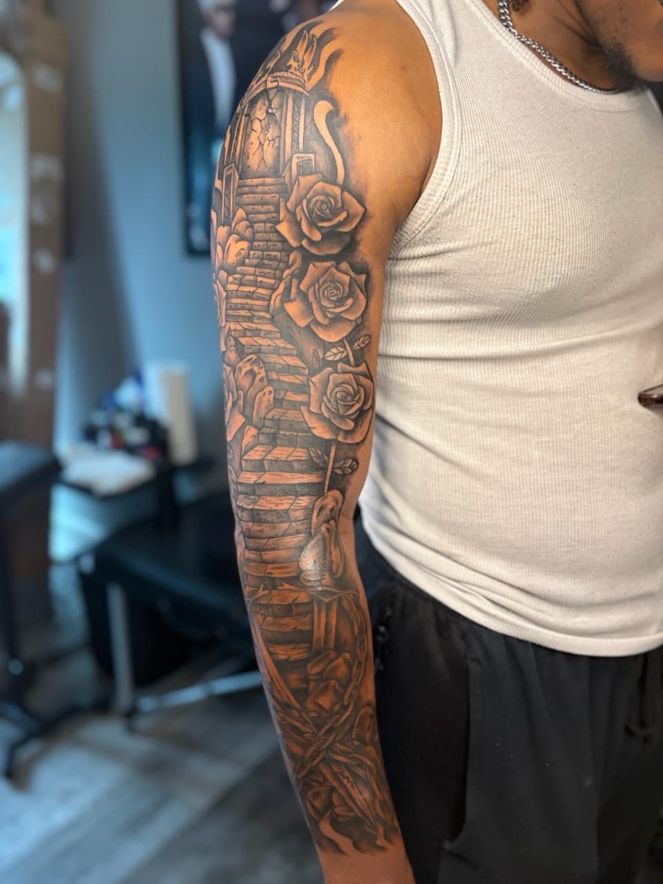 Black & Grey + Realism roses tattoo on Full Sleeve by MaleekInkz on TattMe