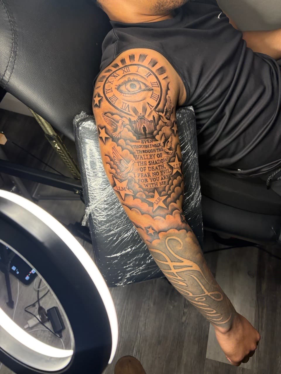 Black & Grey + Illustrative eye tattoo on Full Sleeve by MaleekInkz on TattMe