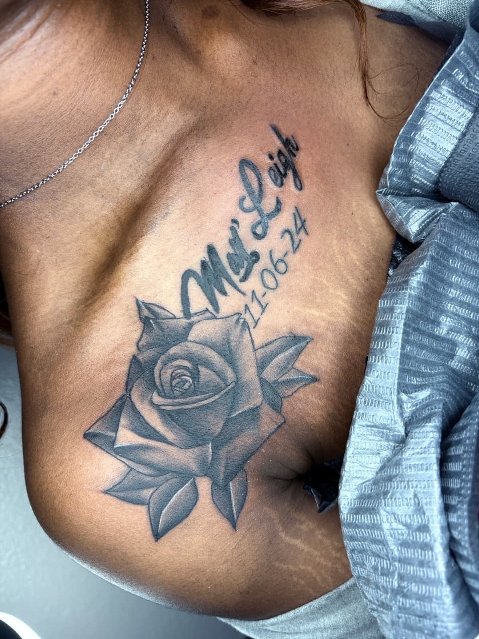 Black & Grey + Script rose tattoo on Chest by MaleekInkz on TattMe
