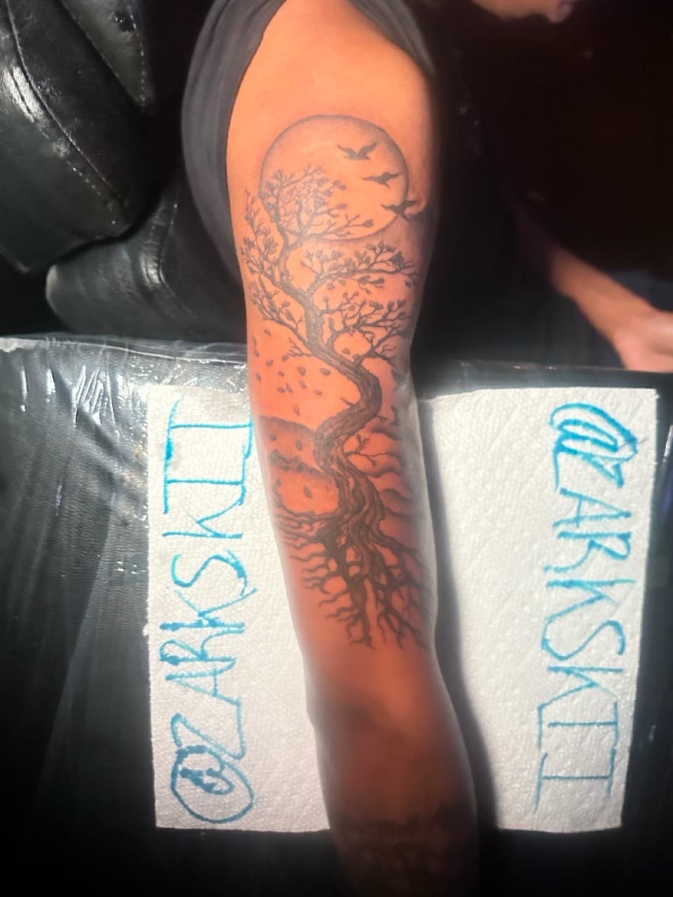 Black & Grey + Illustrative tree tattoo on Half Sleeve by Zarkskii_LLC on TattMe