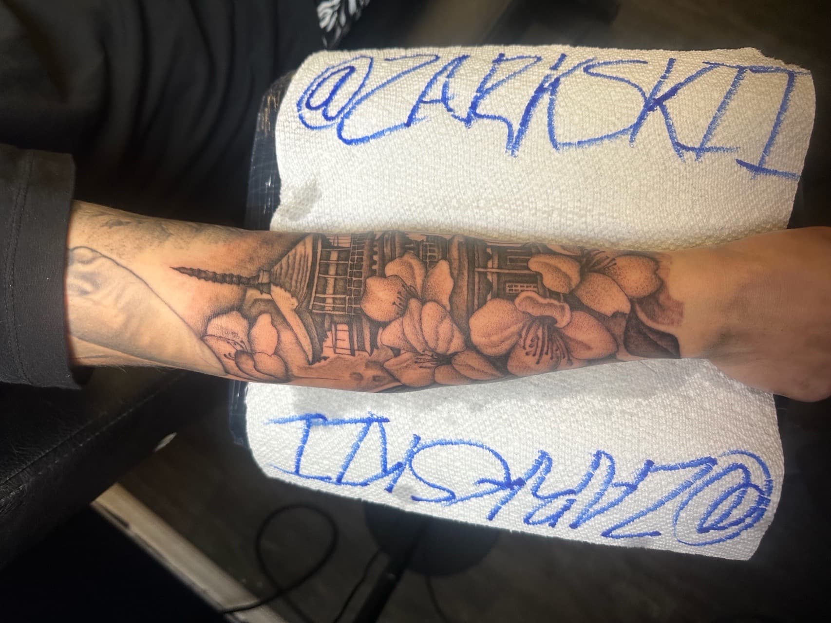 Black & Grey + Japanese pagoda tattoo on Forearm by Zarkskii_LLC on TattMe