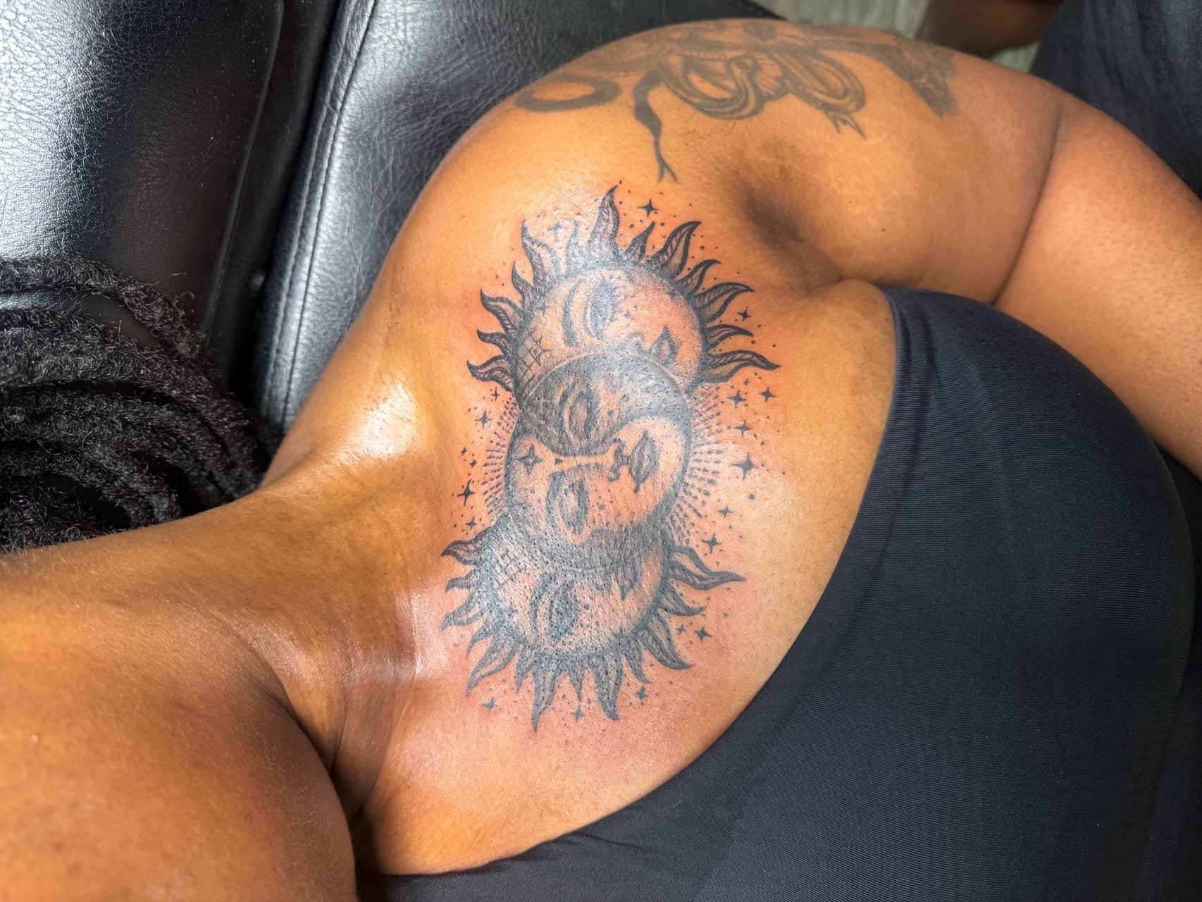 Black-work + Dot-work sun tattoo on Shoulder by Zarkskii_LLC on TattMe
