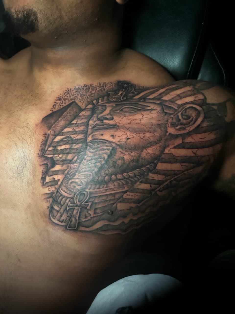 Black & Grey + Illustrative Realism pharaoh tattoo on Chest by Zarkskii_LLC on TattMe