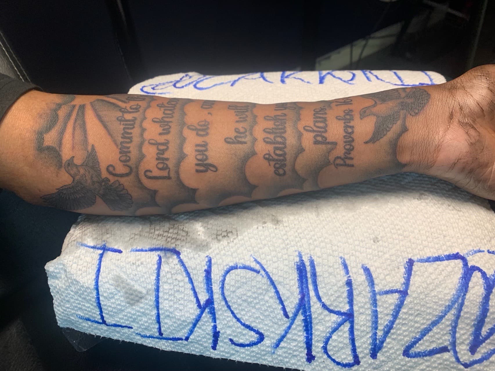 Black & Grey + Lettering scripture tattoo on Forearm by Zarkskii_LLC on TattMe