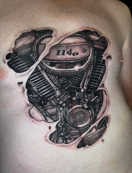 Black & Grey + Realism motorcycle engine tattoo on Chest by Ruemorr on TattMe