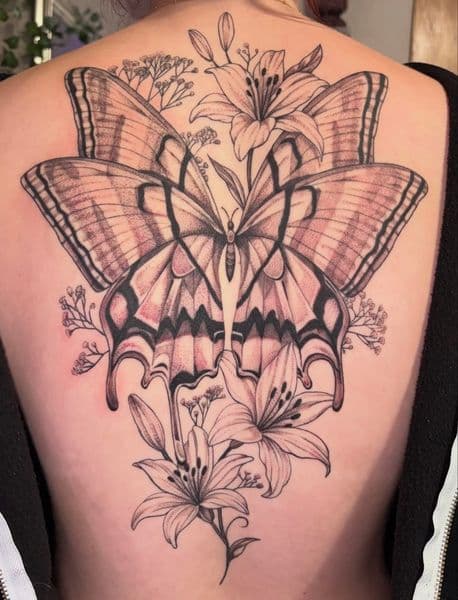 Black & Grey + Dot-work butterflies tattoo on Upper Back by Ruemorr on TattMe