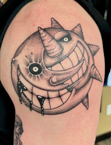 Black & Grey + Dot-work soul eater tattoo on Upper Arm by Ruemorr on TattMe