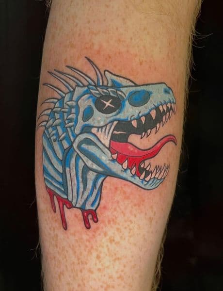 New School + Illustrative dinosaur tattoo on Calf by Ruemorr on TattMe