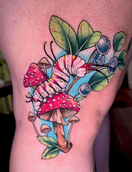 Color + Illustrative caterpillar tattoo on Thigh by Ruemorr on TattMe