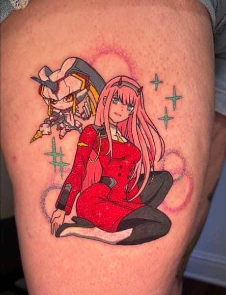 Anime + Color anime girl tattoo on Thigh by Ruemorr on TattMe