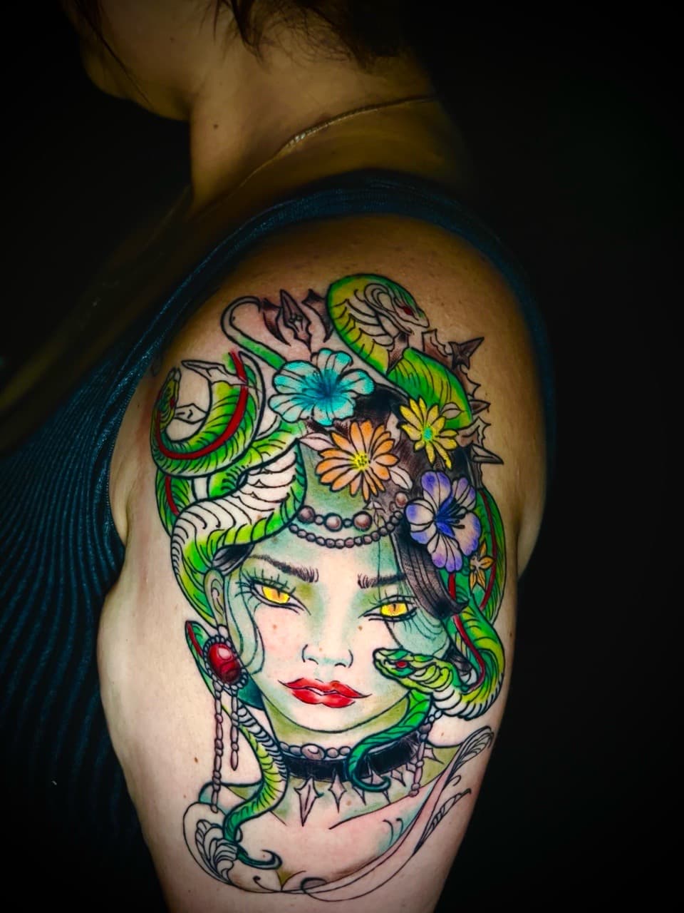 New School + Color medusa tattoo on Upper Arm by Rey_Sanchez on TattMe