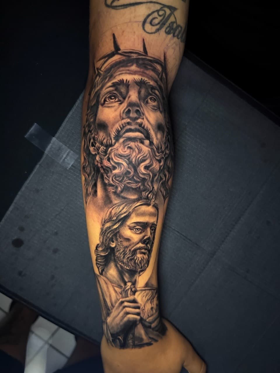 Black & Grey + Realism jesus tattoo on Forearm by Rey_Sanchez on TattMe
