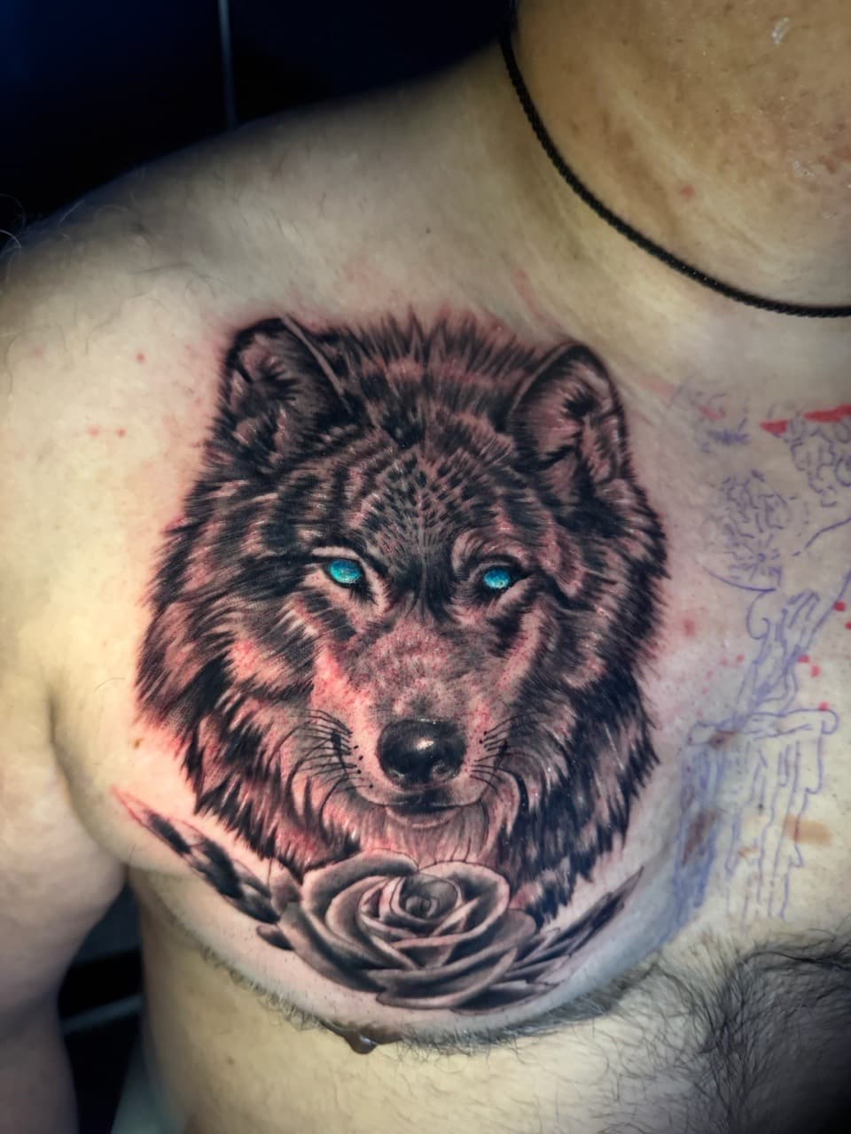 Realism + Black & Grey wolf tattoo on Chest by Rey_Sanchez on TattMe