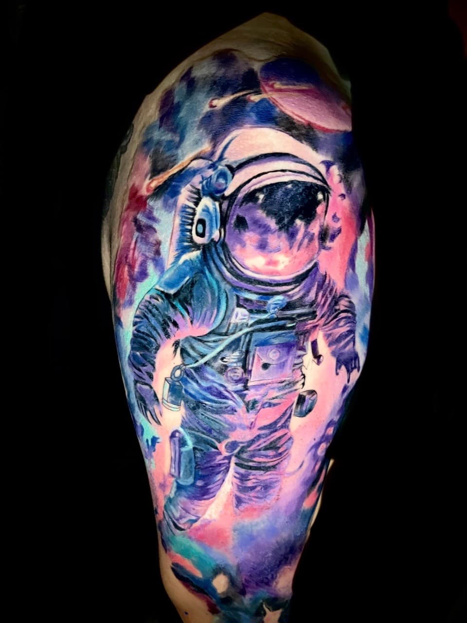 Color + Illustrative astronaut tattoo on Upper Arm by Rey_Sanchez on TattMe