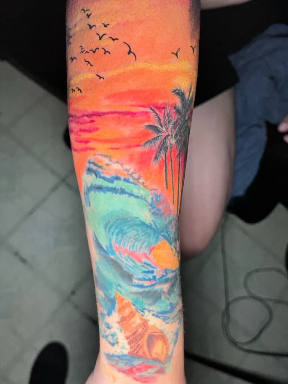 Color + Watercolor sunset tattoo on Forearm by Rey_Sanchez on TattMe