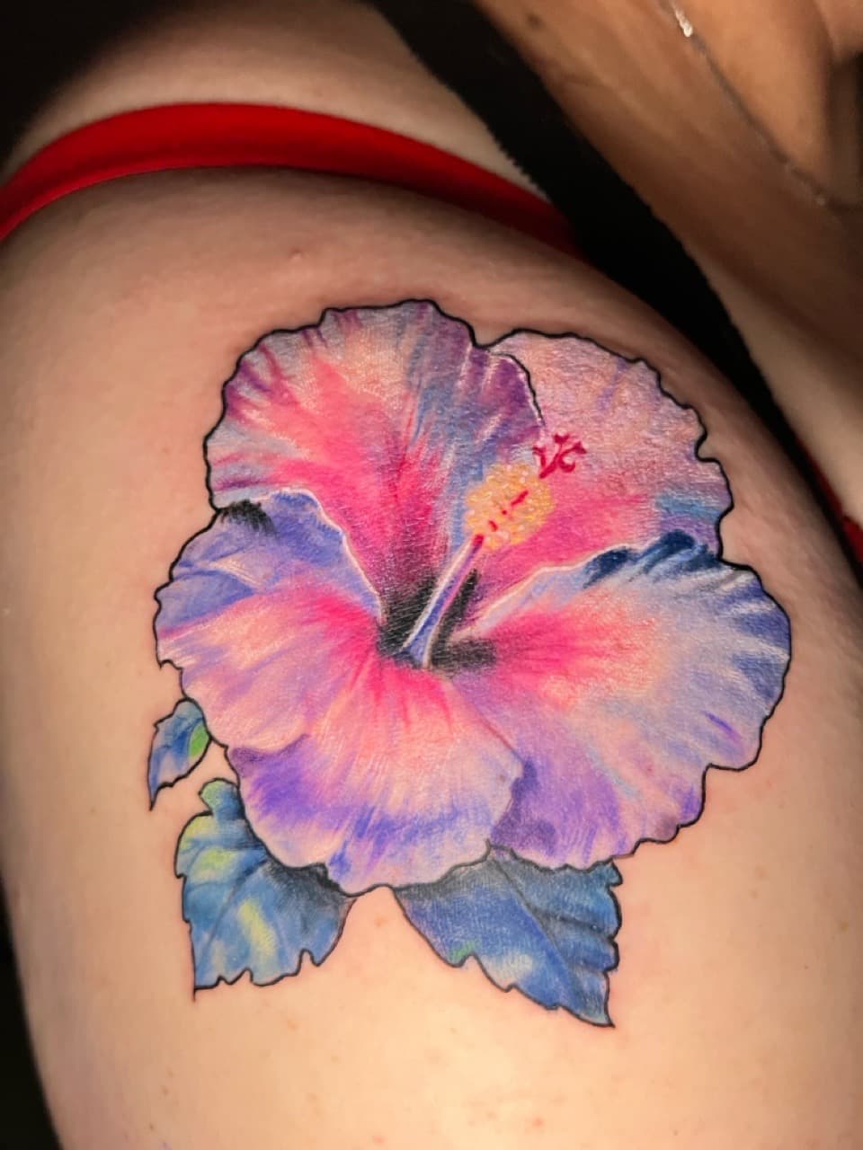 Floral + Watercolor hibiscus tattoo on Thigh by Rey_Sanchez on TattMe