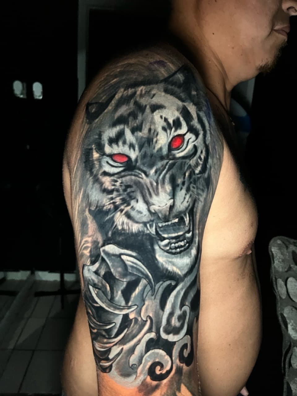 Black & Grey + Realism tiger tattoo on Upper Arm by Rey_Sanchez on TattMe