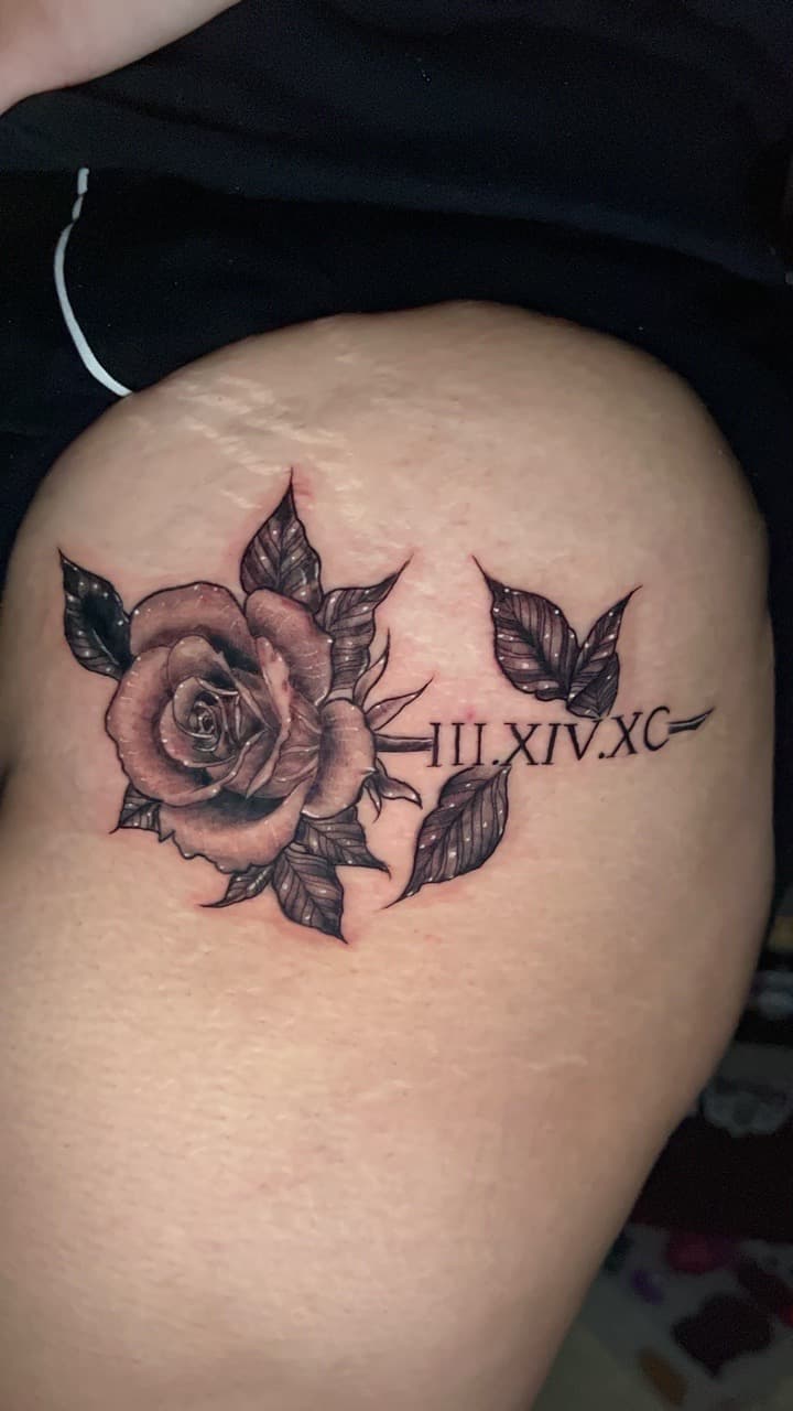 Black & Grey + Floral rose tattoo on Thigh by Rey_Sanchez on TattMe