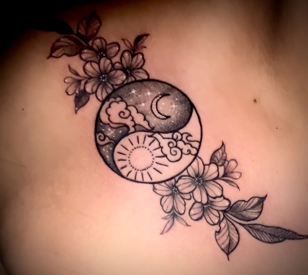 Fine Line + Black & Grey yin-yang tattoo on Sternum by Rey_Sanchez on TattMe