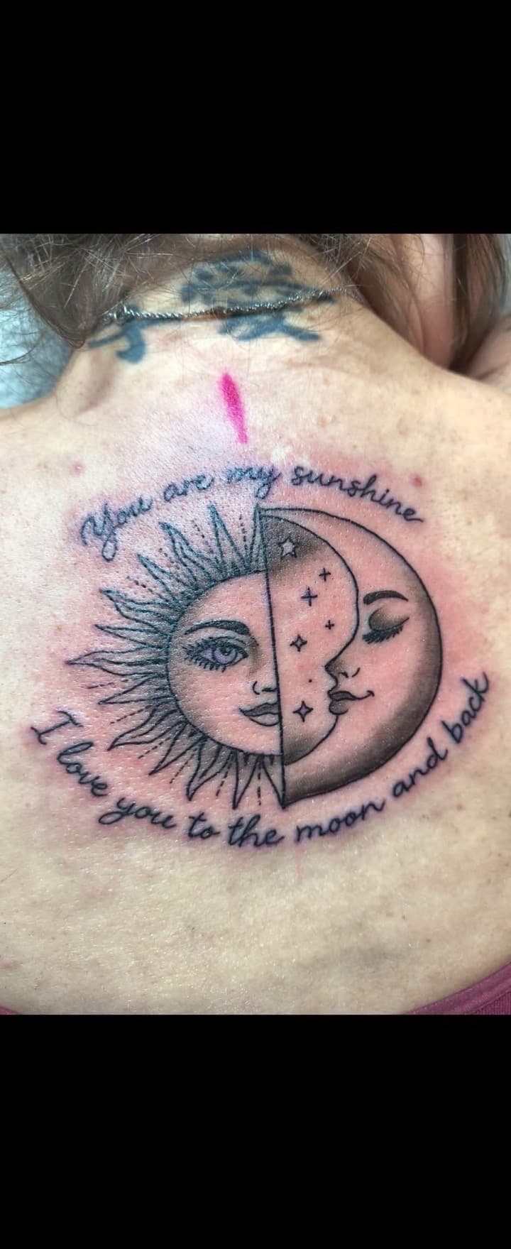 Fine Line + Black & Grey sun tattoo on Upper Back by Night_Veil_Ink on TattMe