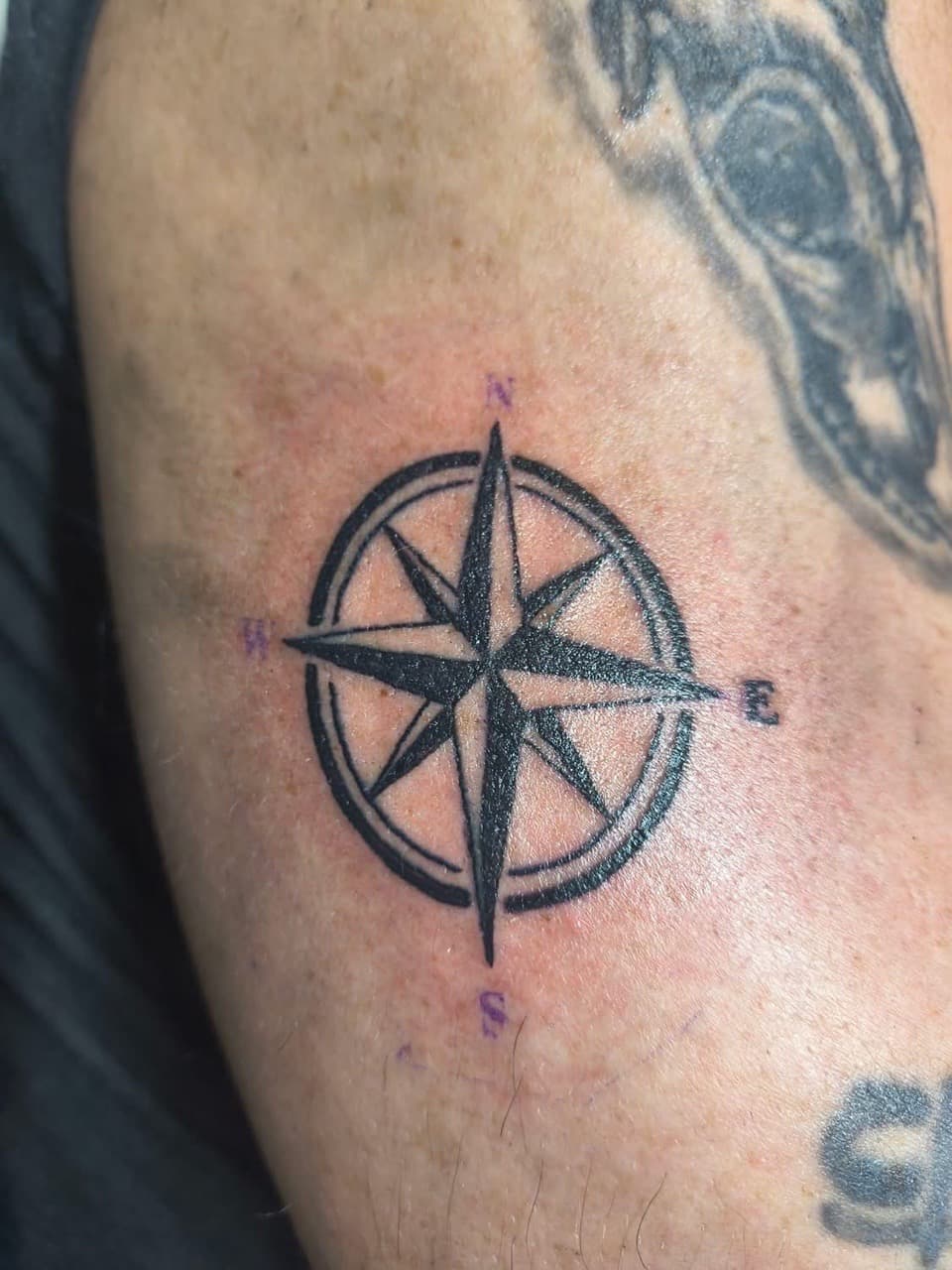 Black-work + Line-work compass tattoo on Upper Arm by Night_Veil_Ink on TattMe